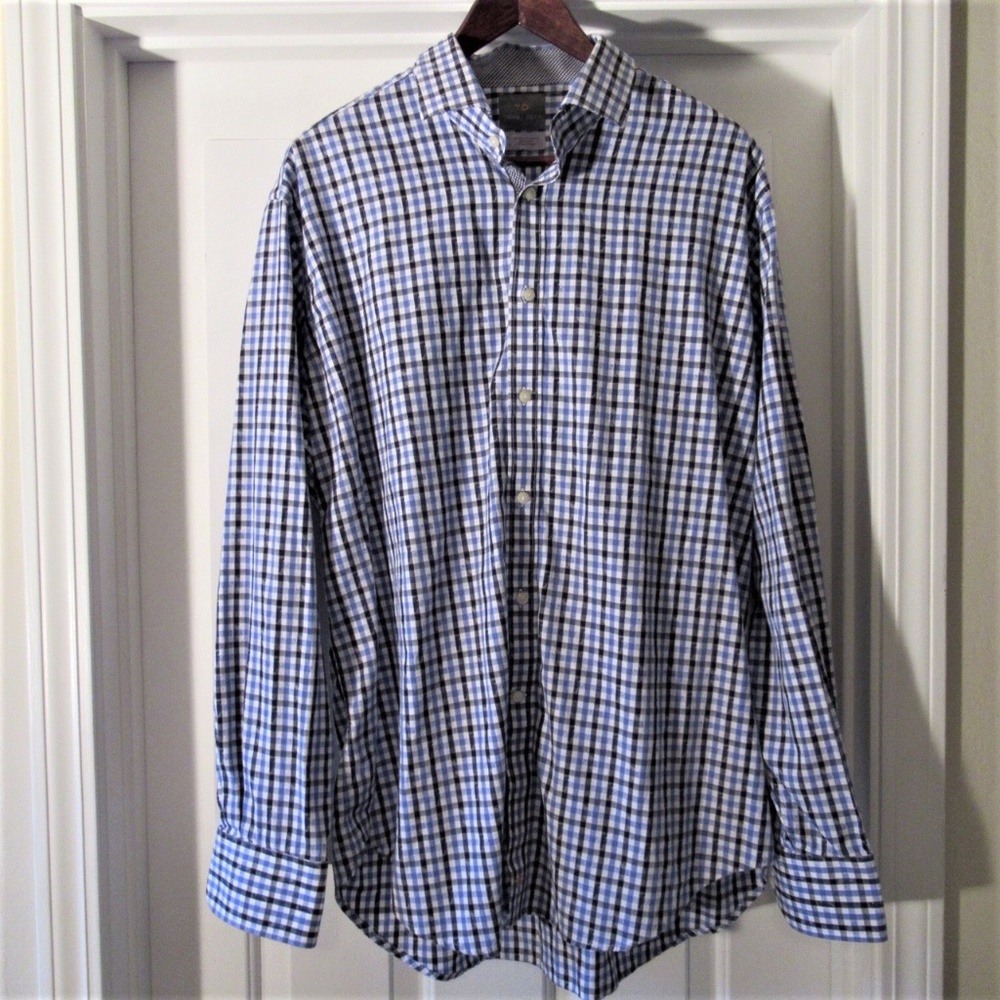 THOMAS DEAN blue black white check sport shirt XL